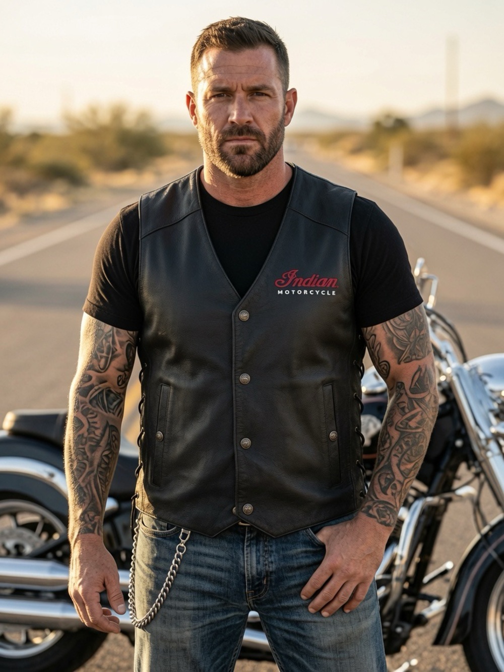 Indian Motorcycle Men’s Black Leather Vest - Classic Logo